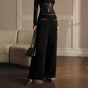 Black Elegant Women's Premium Tweed Sequins & Chain Trim details Wide Leg Pants